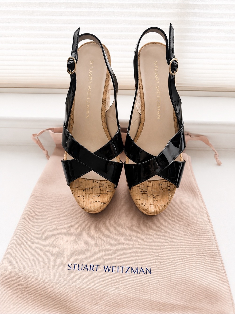 New Stuart Weitzman Black Patent  Wedge Slingback Sandals Sz 8.  Includes bag.